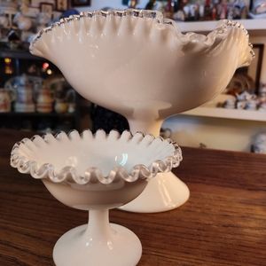 Fenton Silvercrest vintage milk glass footed  dishes, 9" square, 5.5" round